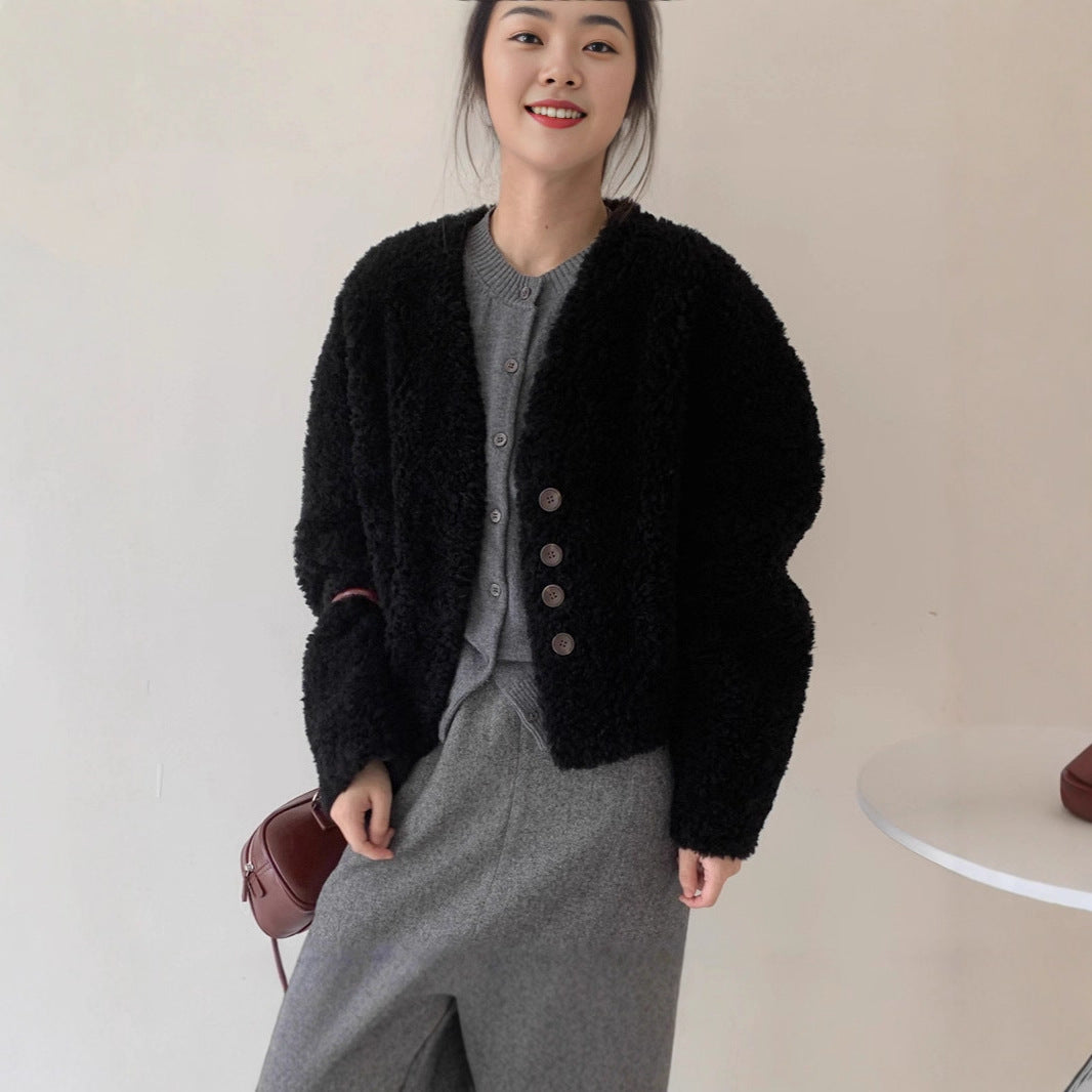 Womens V-neck Short Loose Padded Lambswool Coat