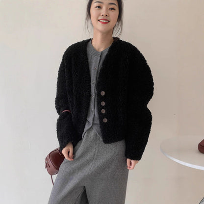 Womens V-neck Short Loose Padded Lambswool Coat