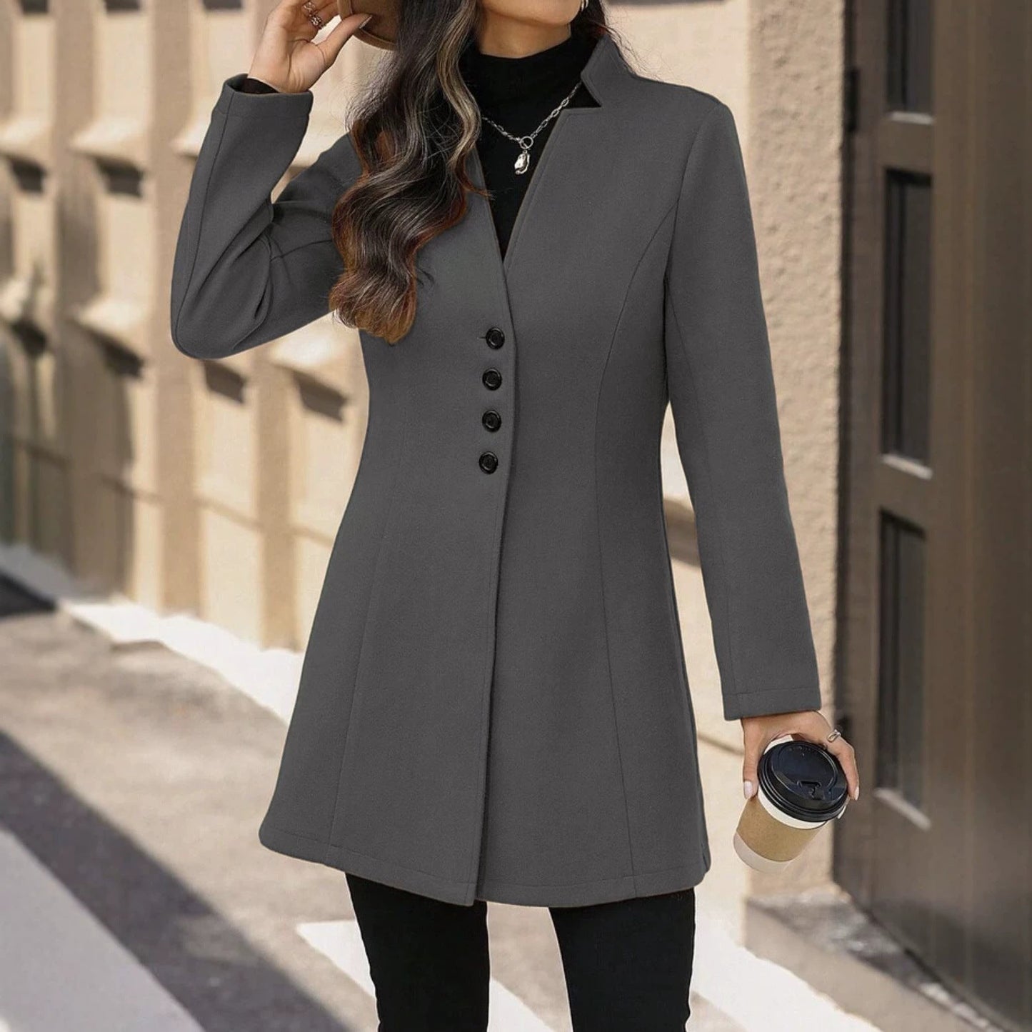 Elegant Wool Stand-collar Trench Coat Mid-length Style For Women