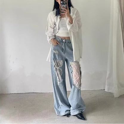 Women's Vintage Lace Stitching Ripped Jeans
