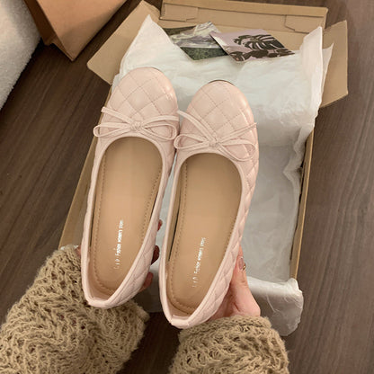 2026 Summer New Arrival Women's French Style Quilted Low Vamp Flats Hidden Heel Mary Janes Bow Soft Sole Commuter Shoe