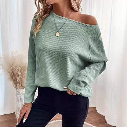 2025 Autum New Women's Clothing Knitted Tops Waffle Slanted Shoulder Pullover T-Shirt