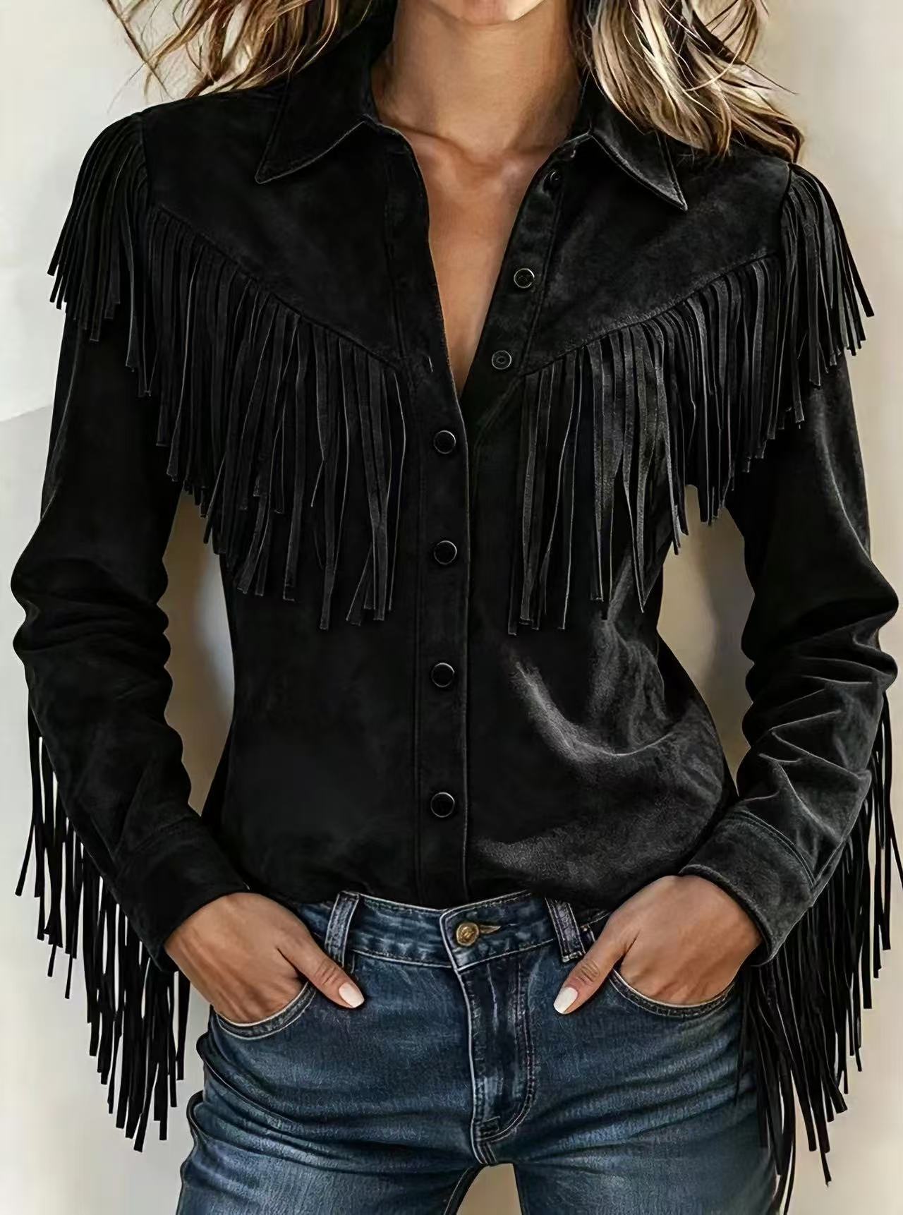 Womens Stylish Loose-fitting Jacket With Tassel Detailing