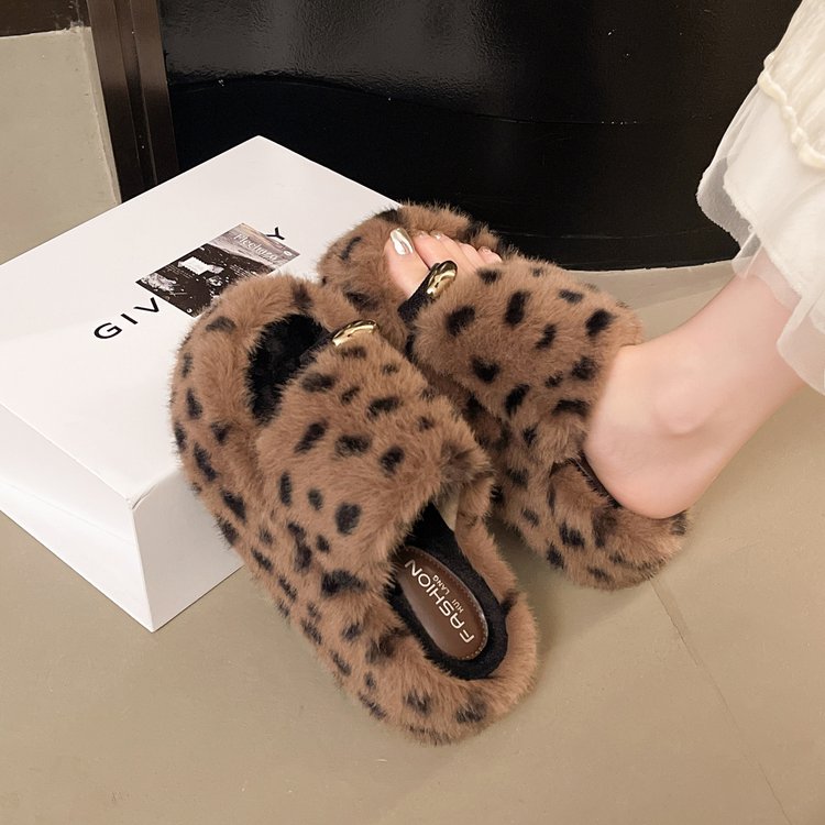 Women's Toe Post Furry Slippers, 2026 Autumn New Arrival, Stylish Leopard Print, Warm Furry Slides For Indoor & Outdoor Wear