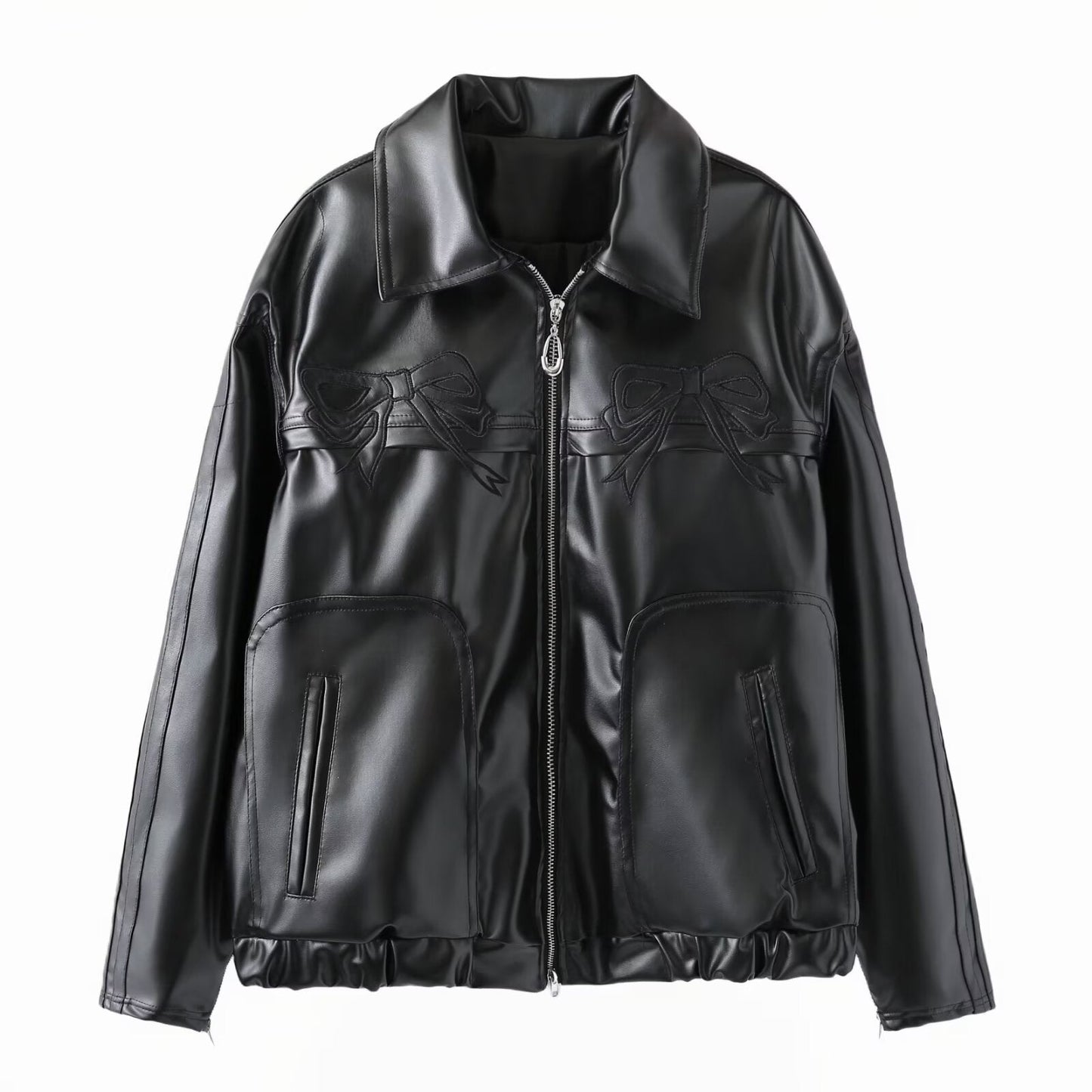 Women's Bow-Knot Zipper Leather Jacket