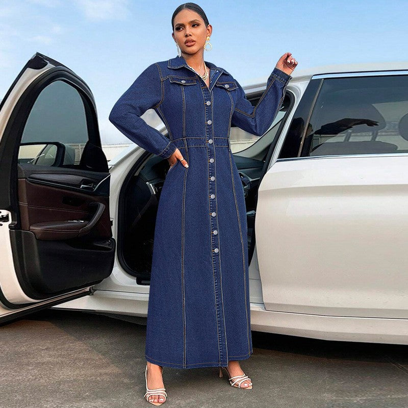 European And American Style New Plus-Size Women's Clothing With Button-Down Design, Long-Sleeved Long Coat-Style Dress, Denim Long Trench Coat