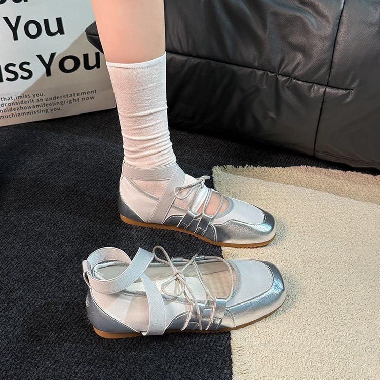 Ballet-style Leather Training Shoes For Women, Soft Sole Lace-up Sports Shoes, Casual Flat Shoes, French Round-toe Low-top Mary Jane Shoes