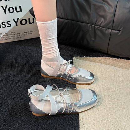 Ballet-style Leather Training Shoes For Women, Soft Sole Lace-up Sports Shoes, Casual Flat Shoes, French Round-toe Low-top Mary Jane Shoes