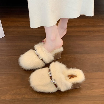 Women's Platform Rhinestone Luxury Furry Slippers, 2025 Autumn New Arrival, Soft Sole Versatile Niche Heightening Cotton Slippers