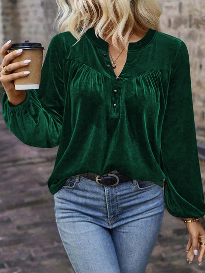 Women's Casual Chic Solid Color V-Neck Button Long Sleeve Pullover Top For Spring & Fall