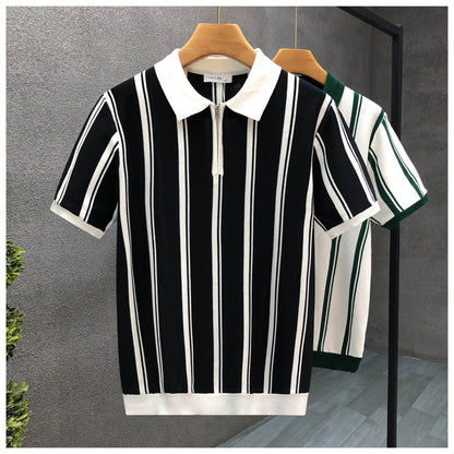 Mens Half-Zip Short-Sleeve Striped Polo Shirt