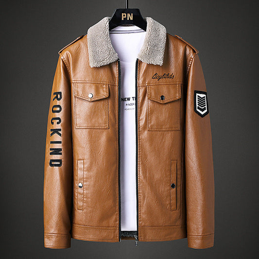 Turn-down Collar Coat Fleece-lined Thickened Slim Fit Trend Motorcycle Clothing