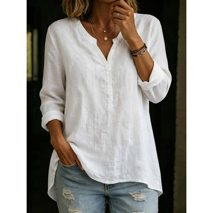 Womens Solid-Color Casual Loose-Fit Button-Up Shirt