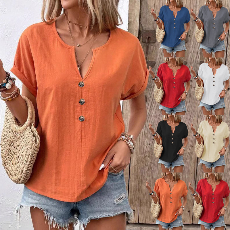 2026 Summer New European And American Women's Button V-neck Short Sleeved T-shirt Top For Women