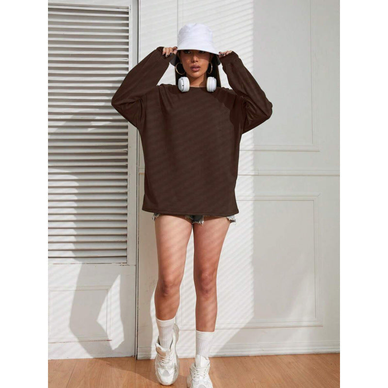 Womens Loose-Fit Solid-Color Plus-Size Long-Sleeve T-Shirt