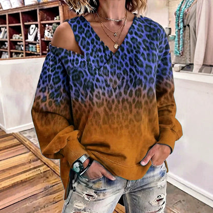 Leopard-Print Gradient Off-Shoulder V-Neck Womens Loose-Fit Long-Sleeve Top
