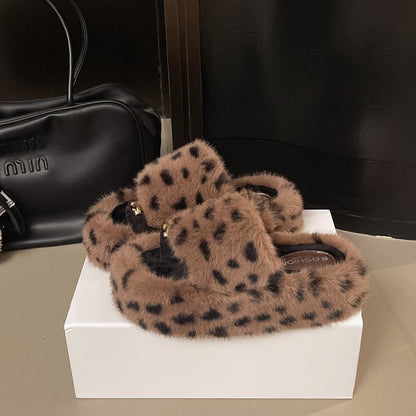Women's Toe Post Furry Slippers, 2026 Autumn New Arrival, Stylish Leopard Print, Warm Furry Slides For Indoor & Outdoor Wear