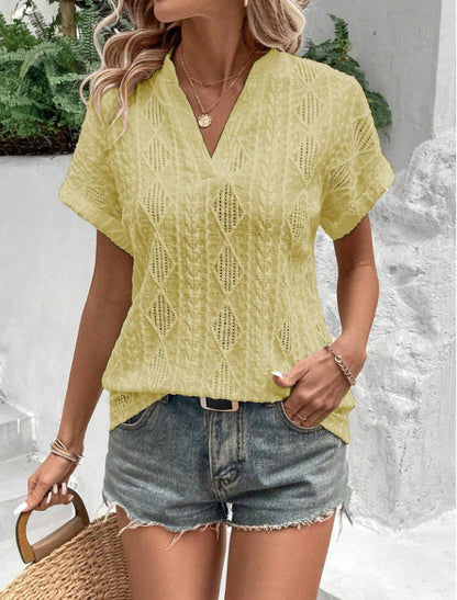 European And American Cross-Border Summer New Casual Hollow Jacquard V-Neck Loose Short-Sleeved Shirt For Women