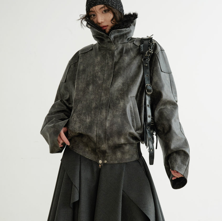 Turtleneck Smoky-blend PU Faux Leather Jacket