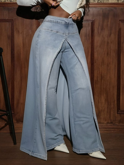 European And American Style Women's Jeans, Washed High-Waisted Double-Layer Split Straight-Leg Pants, Cross-Border Trendy Slim-Fit Floor-Length Denim Trousers