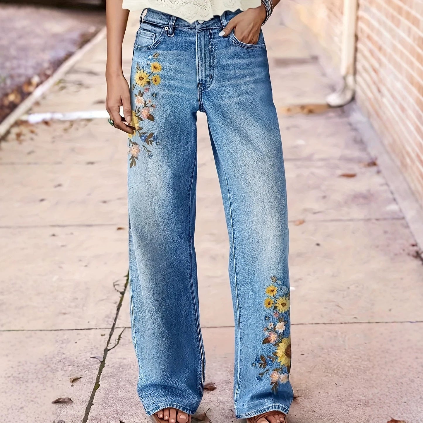 Floral-Embroidered Draped Wide-Leg Washed Denim Casual Trousers