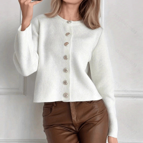 Autumn And Winter New Cross-Border Long-Sleeved Single-Breasted Knitted Cardigan European And American Pure Color Casual Versatile Sweater Jacket For Women