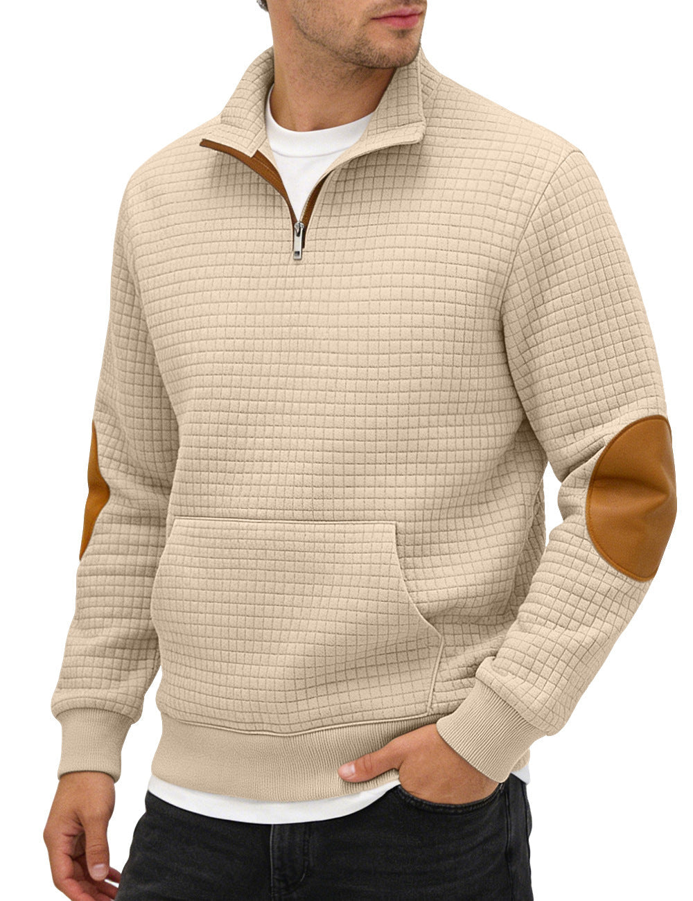 Cross-border Amazon Men's Autumn & Winter Half-Zip Suede Jacquard Small Check Long-Sleeve Stand Collar Casual Sweatshirt