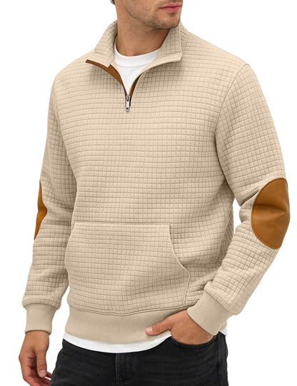 Cross-border Amazon Men's Autumn & Winter Half-Zip Suede Jacquard Small Check Long-Sleeve Stand Collar Casual Sweatshirt