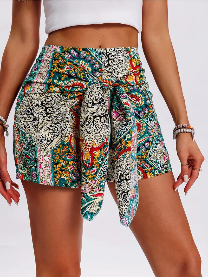 Spot European And American Cross-Border Independent Station Temu Amazon Printed High-Waisted Shorts, Bohemian Style Front-Knotted Shorts