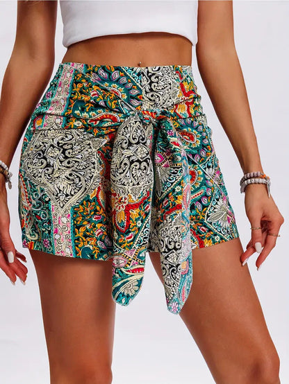 Spot European And American Cross-Border Independent Station Temu Amazon Printed High-Waisted Shorts, Bohemian Style Front-Knotted Shorts