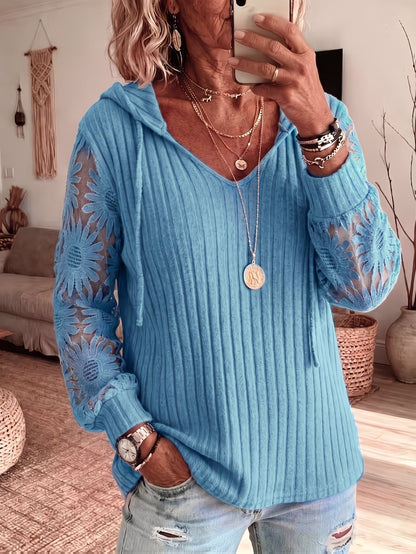 Women V Neck Hooded Sweatshirt Ribbed Knit Floral Lace Splicing Long Sleeve Drawstring Casual Pullover Tops
