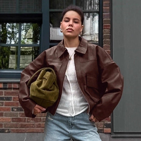 Retro AutumnWinter Old Money Style Leather Jacket For Women