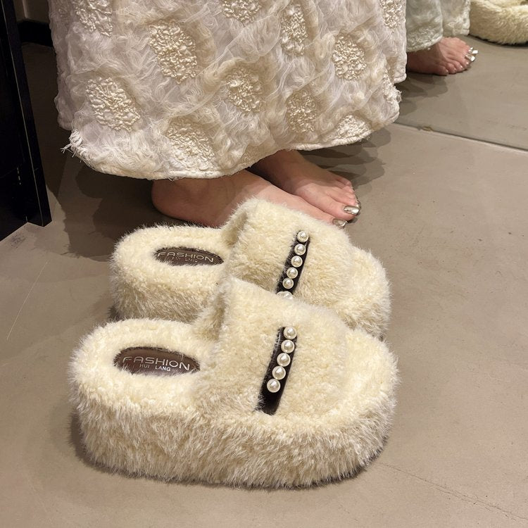 Women's Furry Slide Slippers, New Korean Style Outdoor Wear Pearl Platform Warm Cotton Slippers For Autumn Winter And Spring Summer