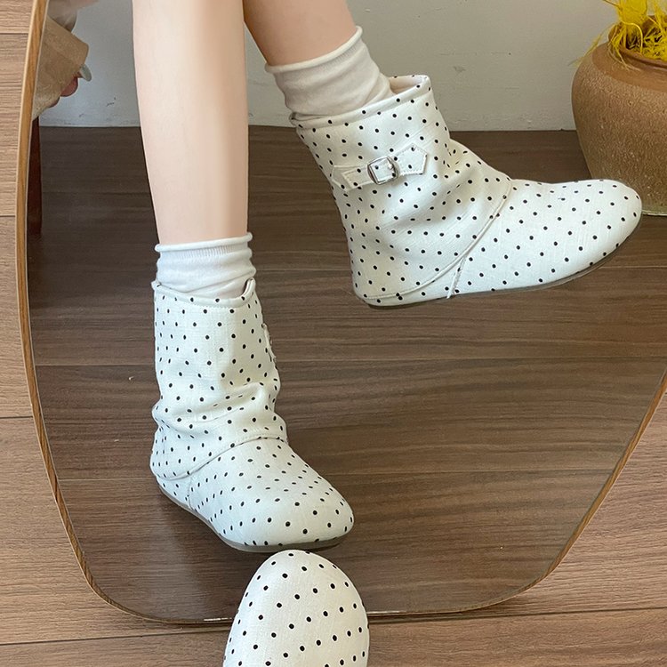 2026 New Women Vintage Wrinkled Slouch Boots, Soft Sole Polka Dot Square Toe Ugly Cute Versatile Ankle Boots