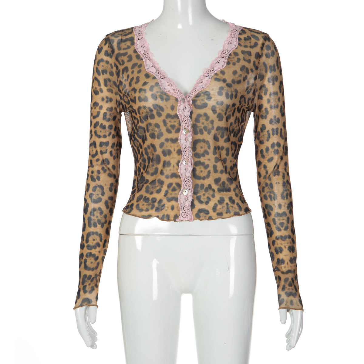 Womens Long-Sleeve Leopard-Print Sheer Mesh Top