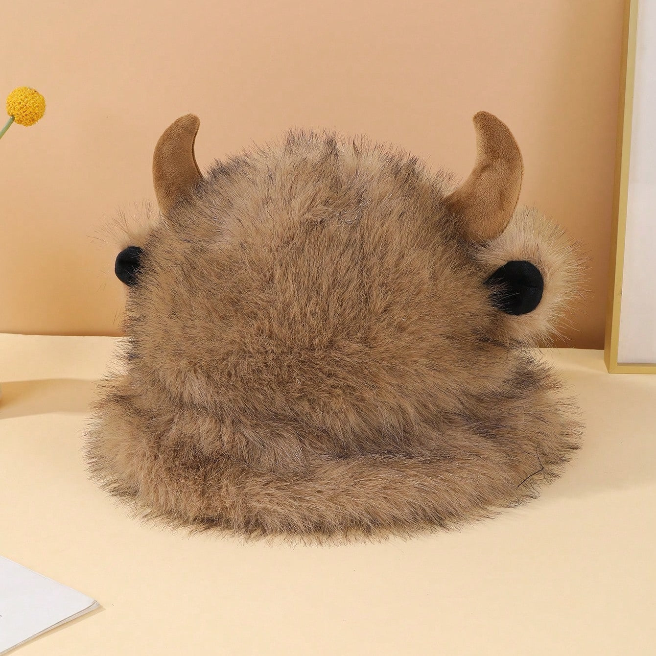 Halloween Cute Cowhorn-shaped Small-ear Plush Fisherman Hat With Stars - Versatile And Thick Outdoor Warm Fleece Hat