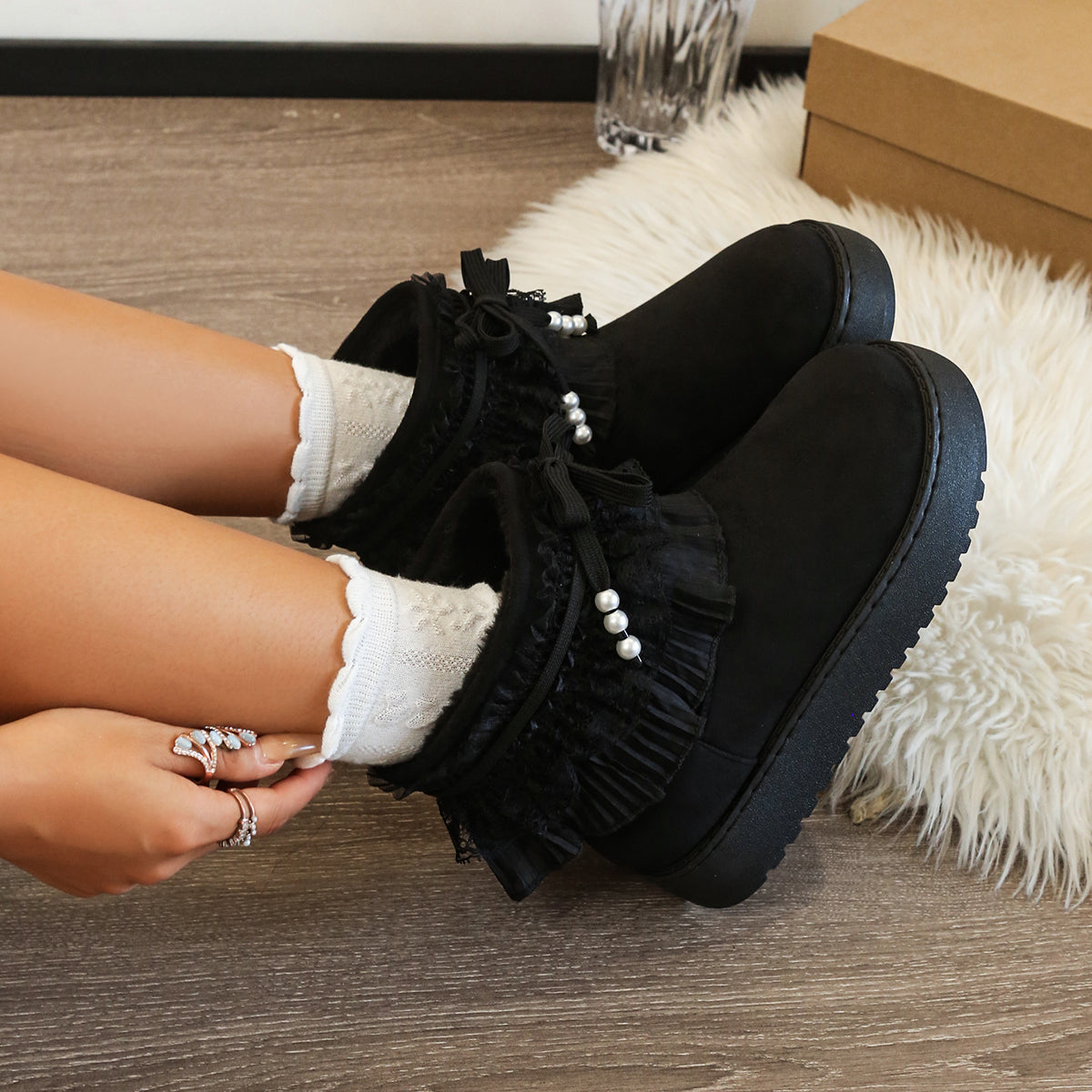 Lace Trim Bow Platform Snow Boots Women 2026 Winter New Sweet Fleece Lined Thickened Warm Cotton Boots