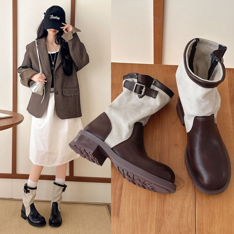 Women Vintage Spliced Fabric Mid Calf Boots Double Buckle Block Heel Slouchy Knight Western Boots