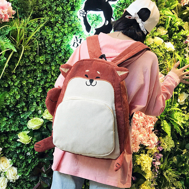 Girls Corduroy Backpack Cute Fox And Dog Animal Corduroy Backpack