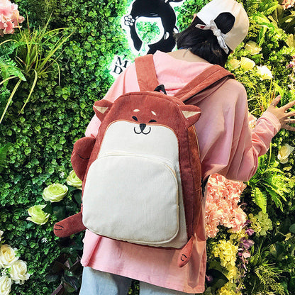 Girls Corduroy Backpack Cute Fox And Dog Animal Corduroy Backpack
