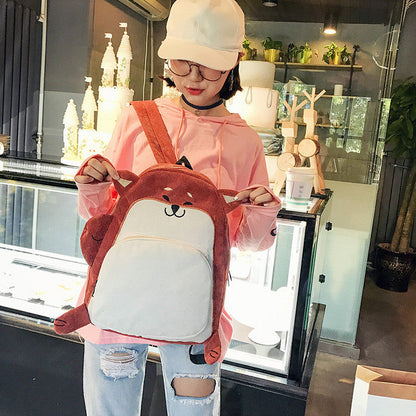 Girls Corduroy Backpack Cute Fox And Dog Animal Corduroy Backpack