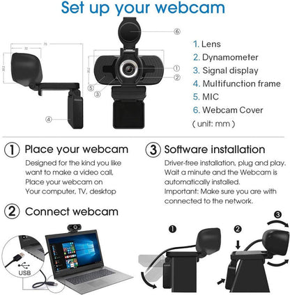 HD 1080P Webcam with Microphone & Privacy Cover – USB Plug & Play Camera