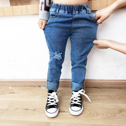 Boys Ripped Jeans Raw Edge Stretch Denim Trousers