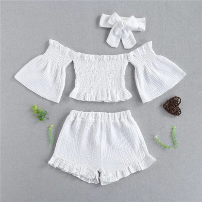 Girls Summer 3-Piece Outfit Set – Off-Shoulder Top, Shorts & Headband
