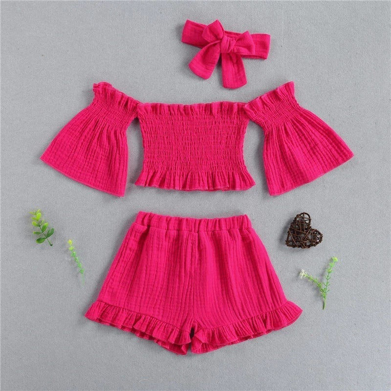 Girls Summer 3-Piece Outfit Set – Off-Shoulder Top, Shorts & Headband