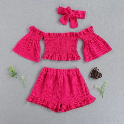 Girls Summer 3-Piece Outfit Set – Off-Shoulder Top, Shorts & Headband