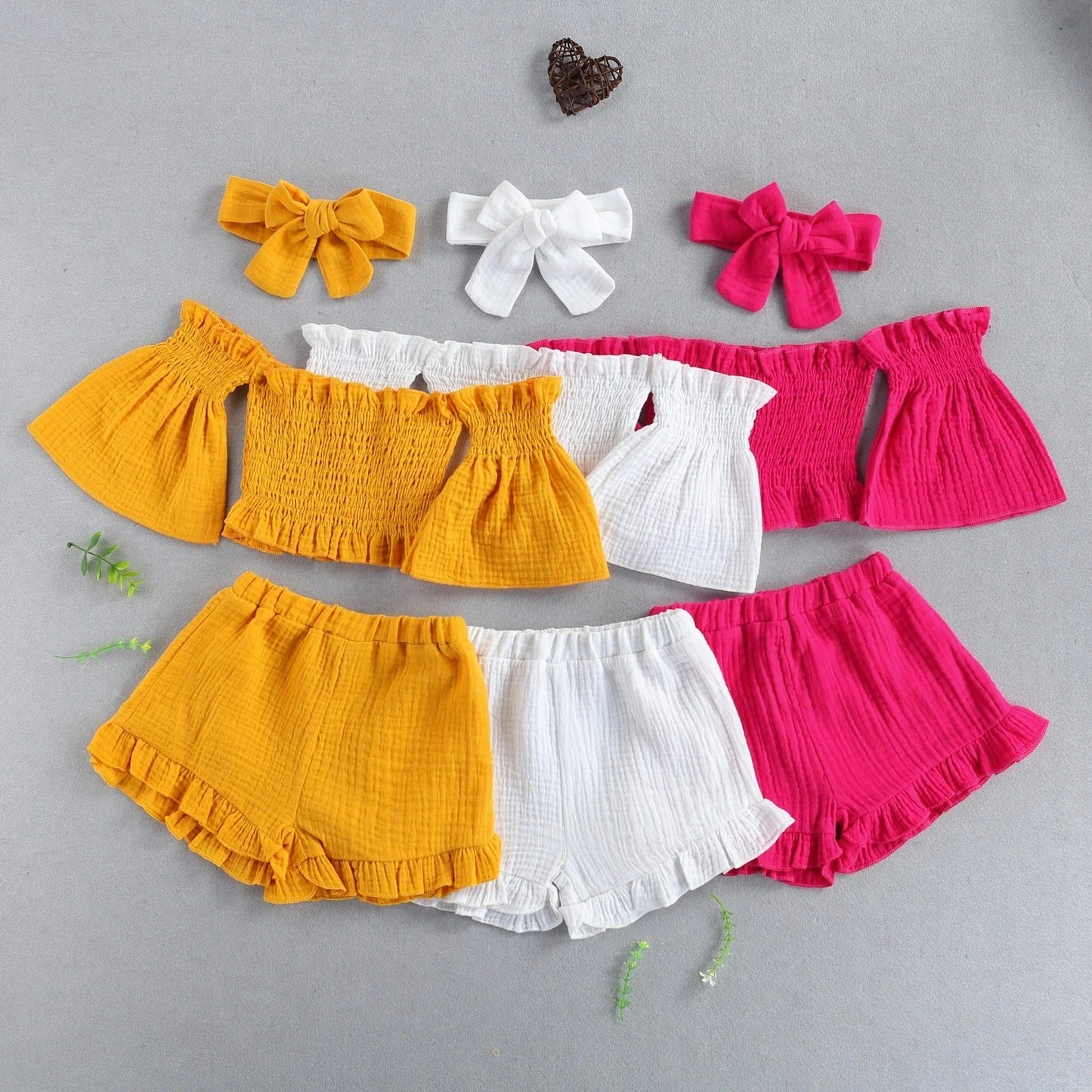 Girls Summer 3-Piece Outfit Set – Off-Shoulder Top, Shorts & Headband