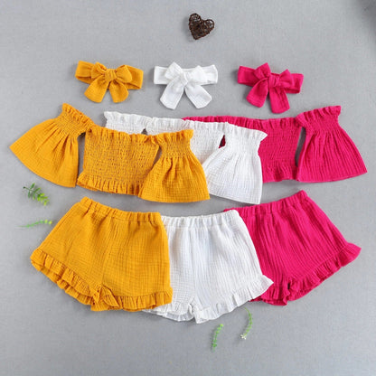 Girls Summer 3-Piece Outfit Set – Off-Shoulder Top, Shorts & Headband