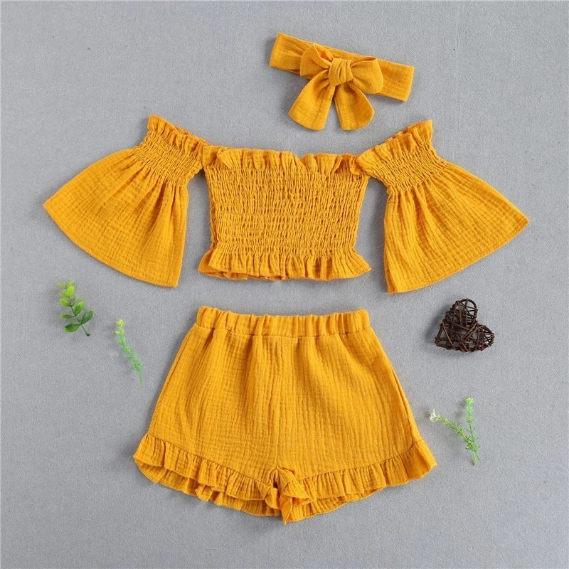 Girls Summer 3-Piece Outfit Set – Off-Shoulder Top, Shorts & Headband