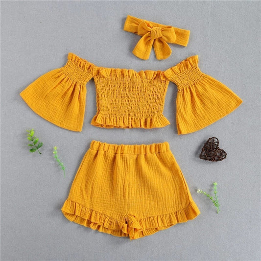 Girls Summer 3-Piece Outfit Set – Off-Shoulder Top, Shorts & Headband